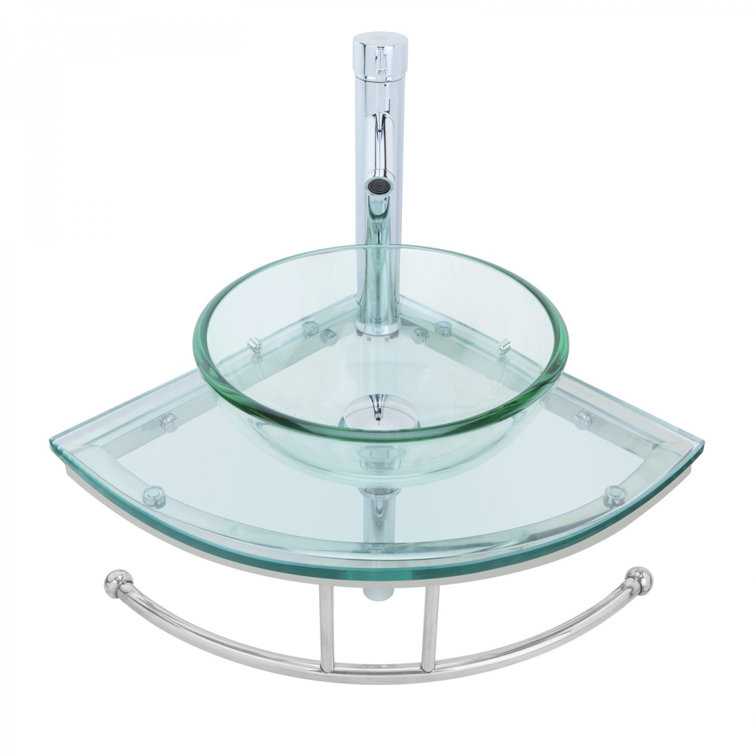 Round Corner Clear Tempered Glass Wall Mount Sink with Chrome Faucet