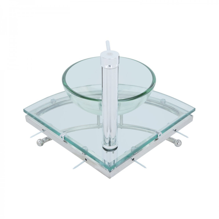 Round Corner Clear Tempered Glass Wall Mount Sink with Chrome Faucet