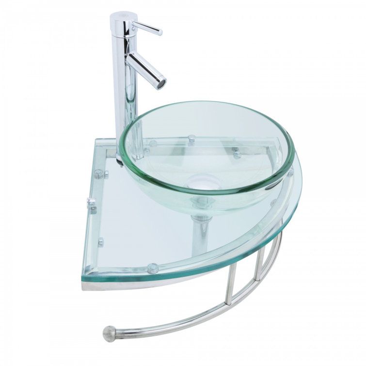 Round Corner Clear Tempered Glass Wall Mount Sink with Chrome Faucet