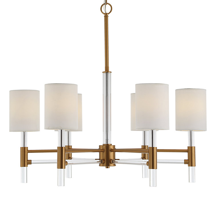 Warm Brass 6-Light Chandelier with White Silken Shades