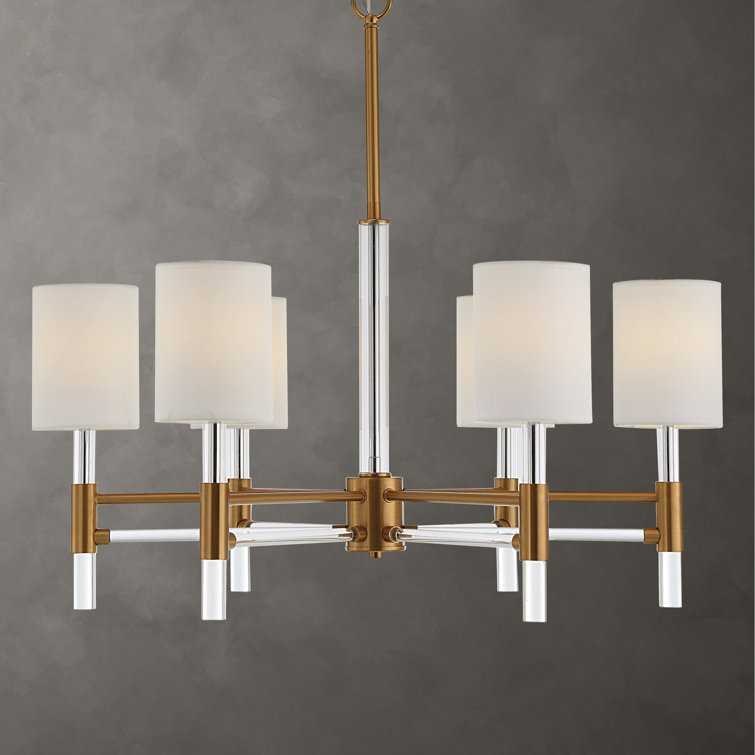 Warm Brass 6-Light Chandelier with White Silken Shades