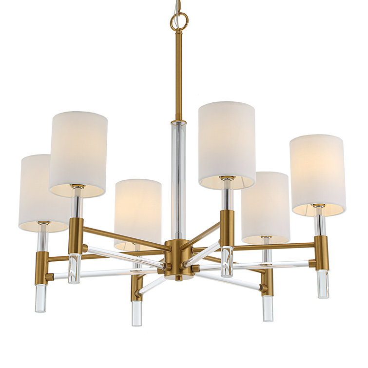 Warm Brass 6-Light Chandelier with White Silken Shades