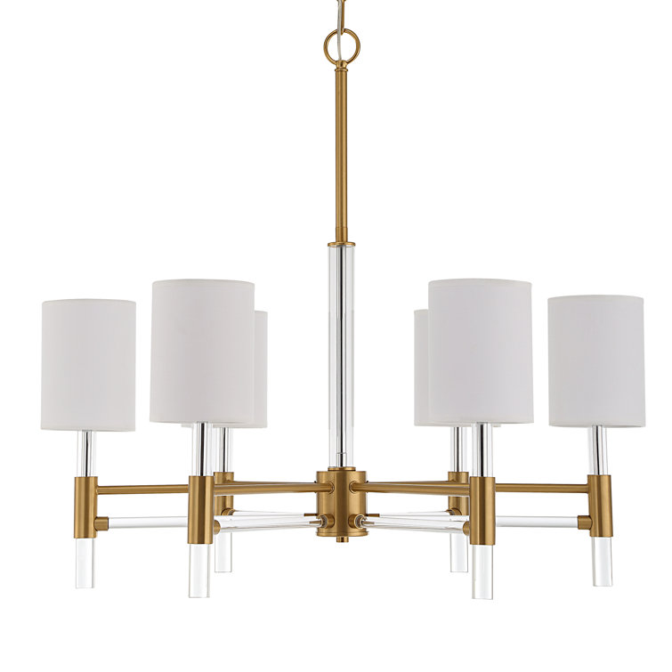 Warm Brass 6-Light Chandelier with White Silken Shades