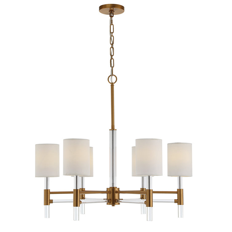 Warm Brass 6-Light Chandelier with White Silken Shades