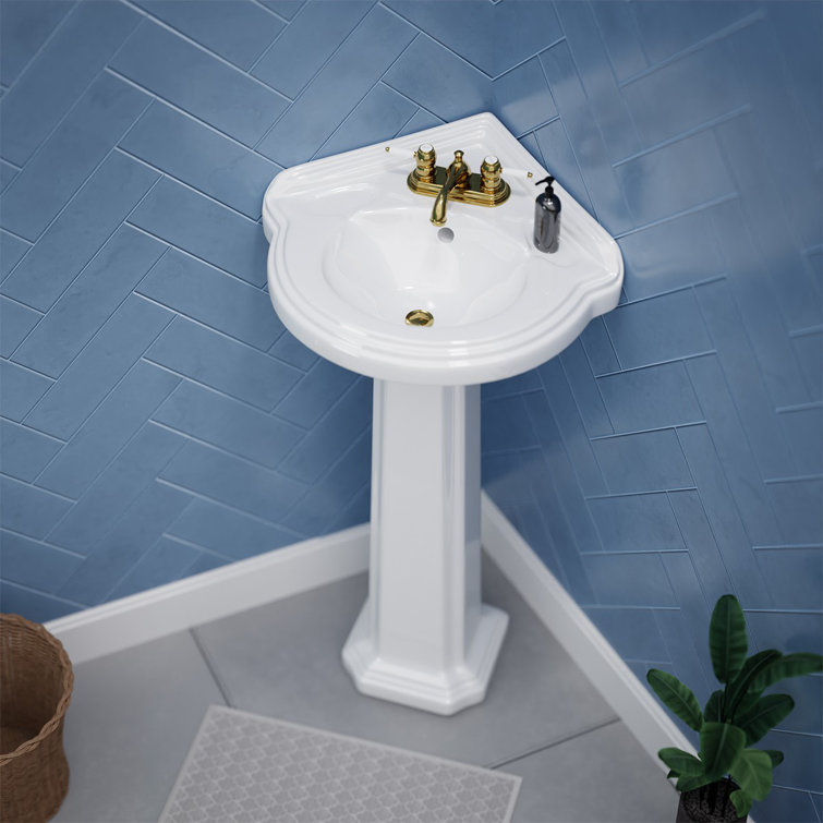 White Ceramic Corner Pedestal Bathroom Sink with Overflow