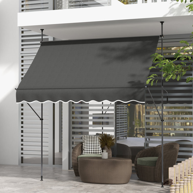 Dark Gray Polyester Retractable Patio Awning with Ruffled Edge