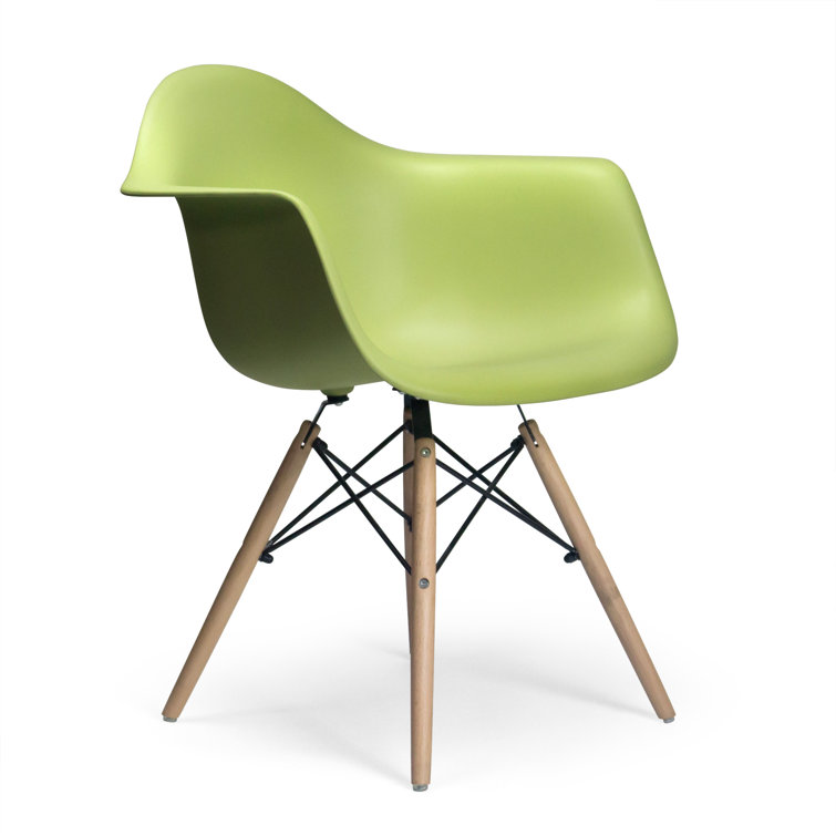 Green Molded Plastic Arm Chairs with Natural Wood Legs, Set of 2