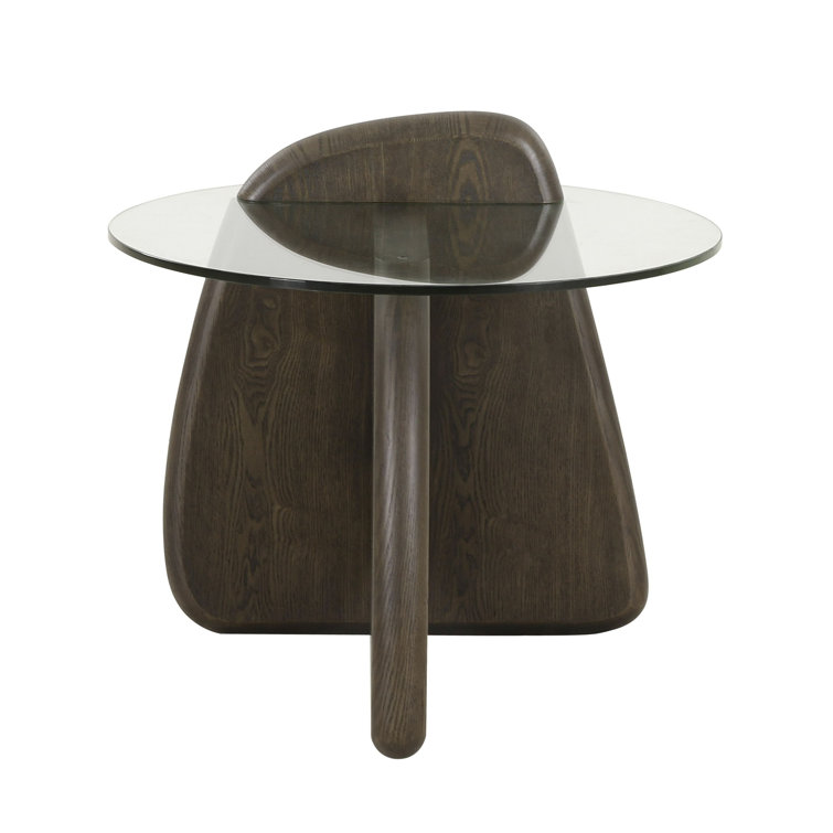 Round Clear Glass and Dark Walnut End Table