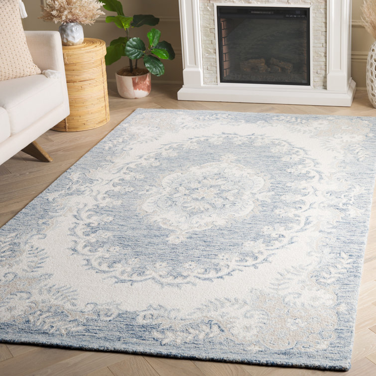 Ivory and Blue Handmade Wool Tufted 4' x 6' Rug