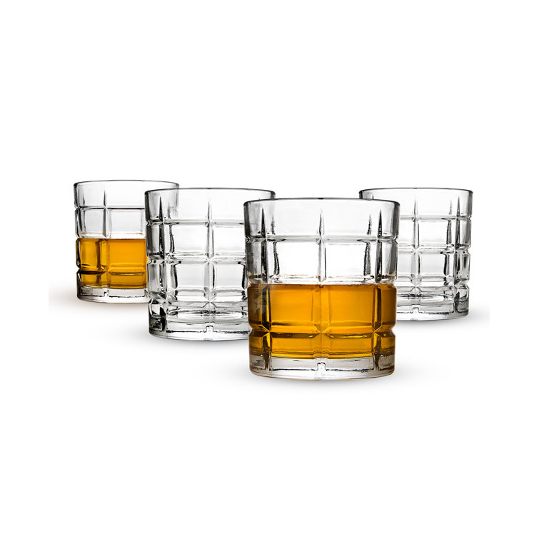 Plaid Pattern Clear Glass Whiskey Tumblers, Set of 4, 13.5 oz
