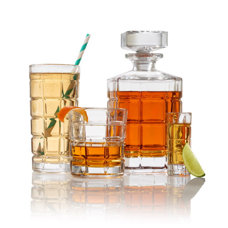Plaid Pattern Clear Glass Whiskey Tumblers, Set of 4, 13.5 oz