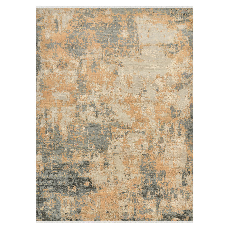 Hand-Knotted Blue and Orange Abstract Wool and Silk 9' x 12' Rug