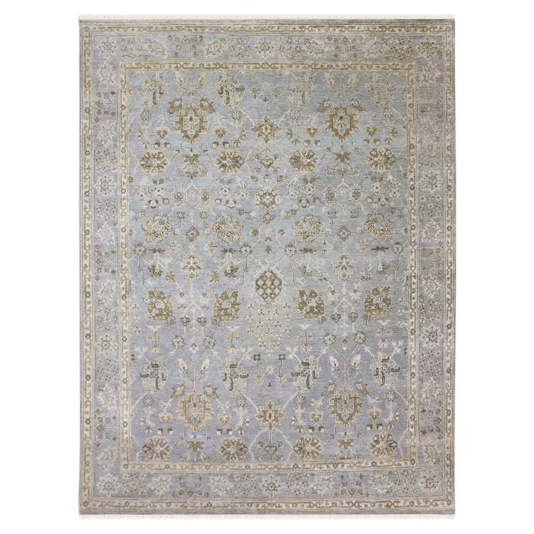 Hand-Knotted Blue Wool Fringed Area Rug, 14' x 10'
