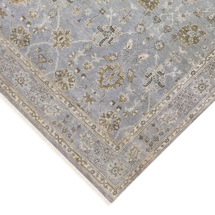 Hand-Knotted Blue Wool Fringed Area Rug, 14' x 10'