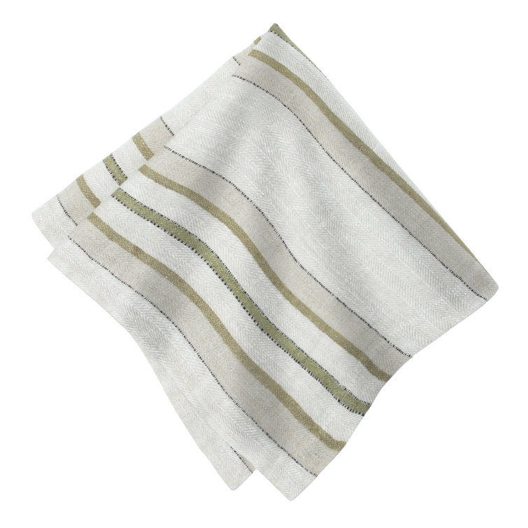 Natural and Olive Striped Linen Square Napkin Set of 4