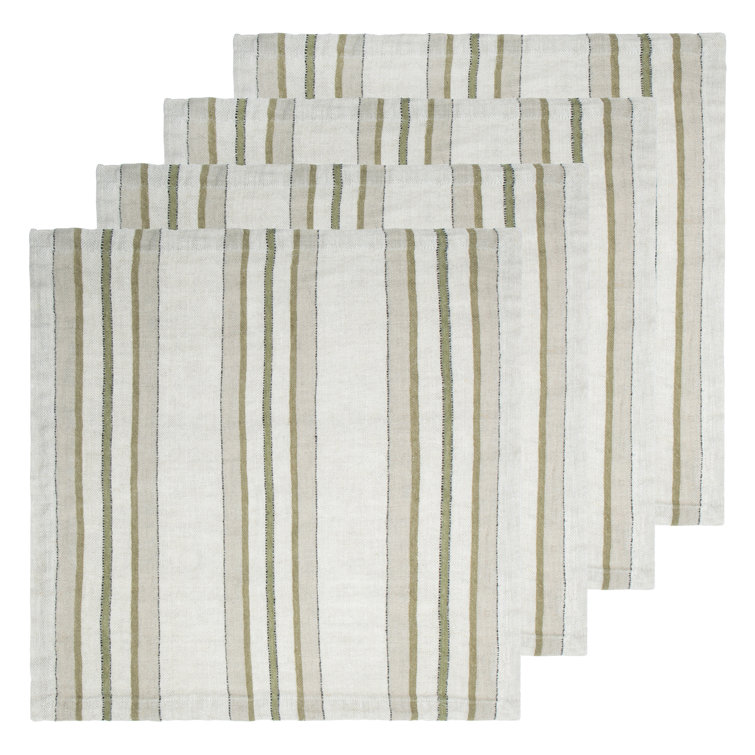 Natural and Olive Striped Linen Square Napkin Set of 4