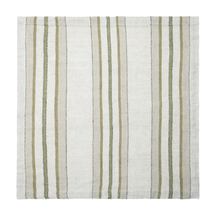 Natural and Olive Striped Linen Square Napkin Set of 4