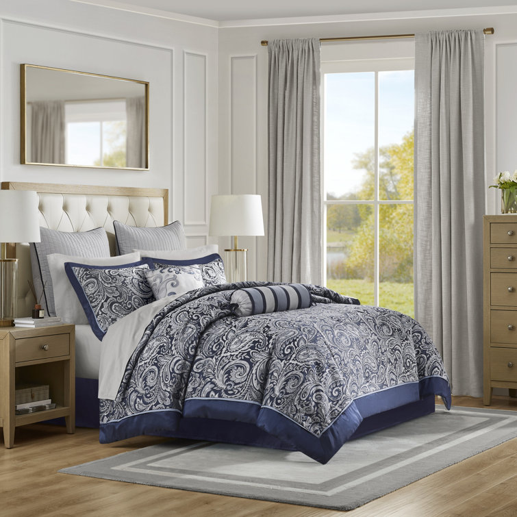 Navy Jacquard Cotton Queen 12-Piece Bedding Set
