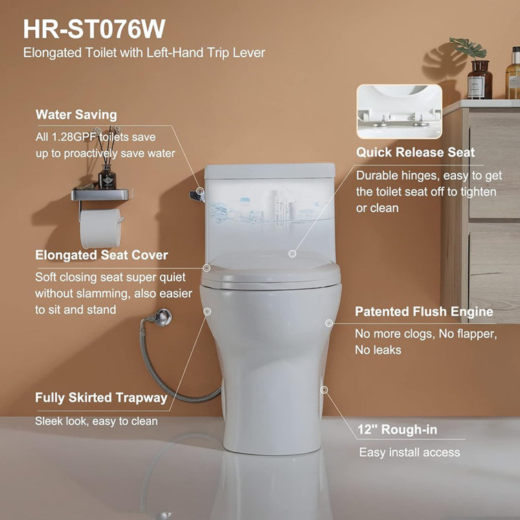 White Ceramic Elongated Dual Flush One-Piece Toilet