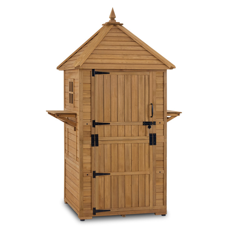 Natural Fir Wood Tall Outdoor Storage Shed with Shelves and Foldable Tables