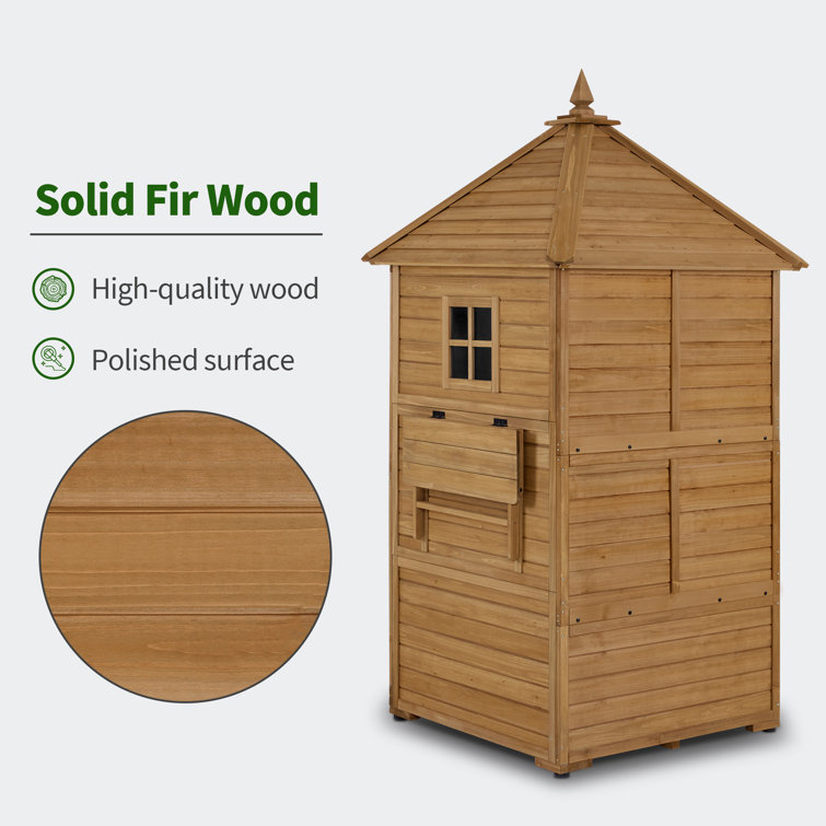 Natural Fir Wood Tall Outdoor Storage Shed with Shelves and Foldable Tables