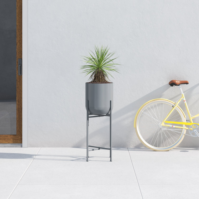 Dark Gray Metal Round Indoor/Outdoor Planter with Stand