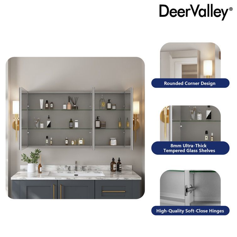 48'' Frameless Mirrored Three-Door Medicine Cabinet with Adjustable Shelves