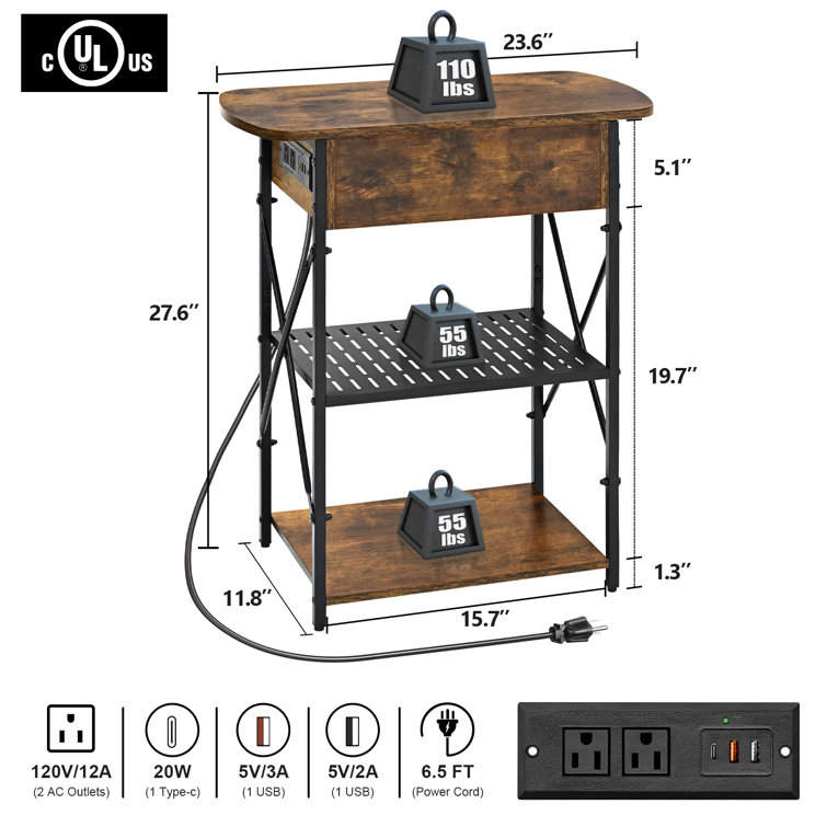 Brown Metal and Wood Flip Top End Tables with Charging Station
