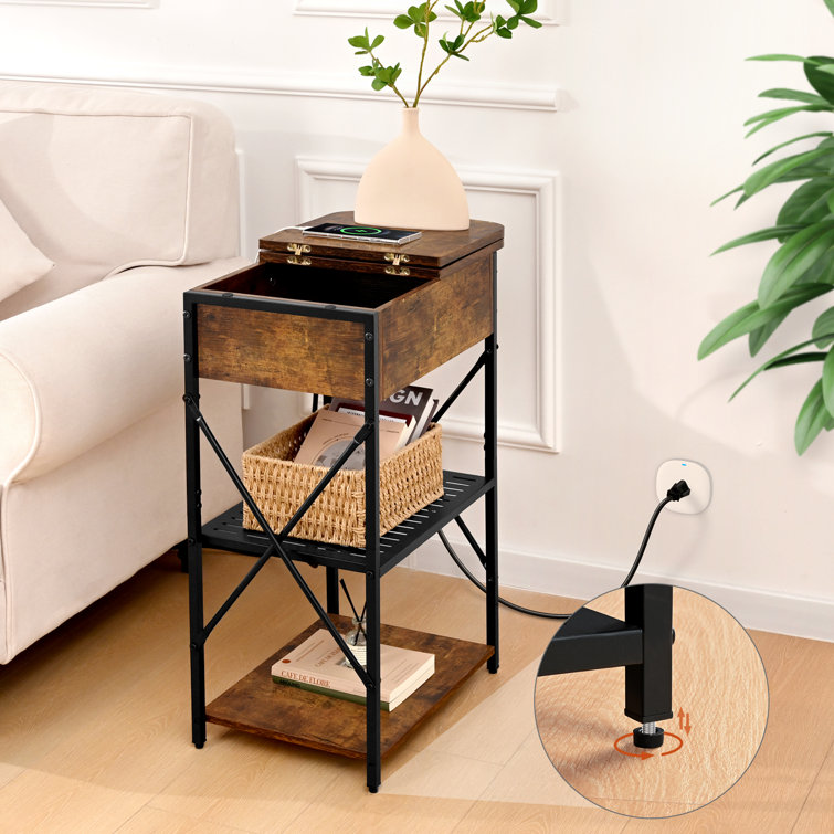 Brown Metal and Wood Flip Top End Tables with Charging Station