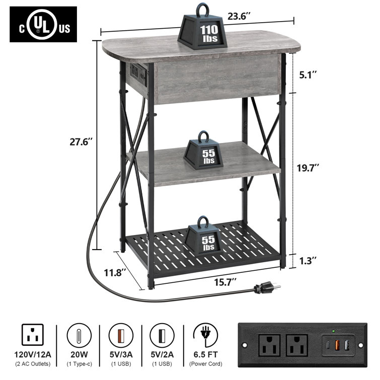 Gray Flip Top End Tables with Charging Station and Storage