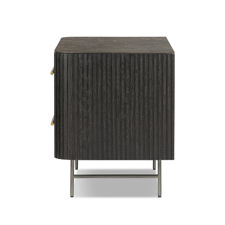 Black Oak and Stone 2-Drawer Nightstand with Brass Handles