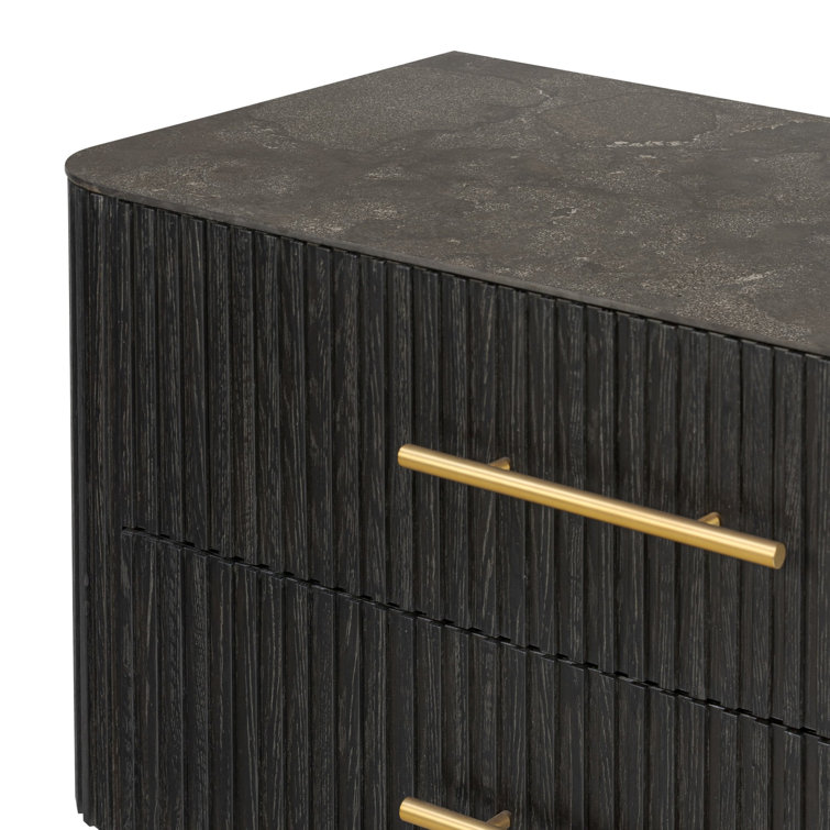 Black Oak and Stone 2-Drawer Nightstand with Brass Handles