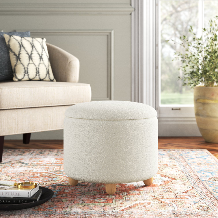 Ivory Boucle Round Upholstered Storage Ottoman with Wood Legs