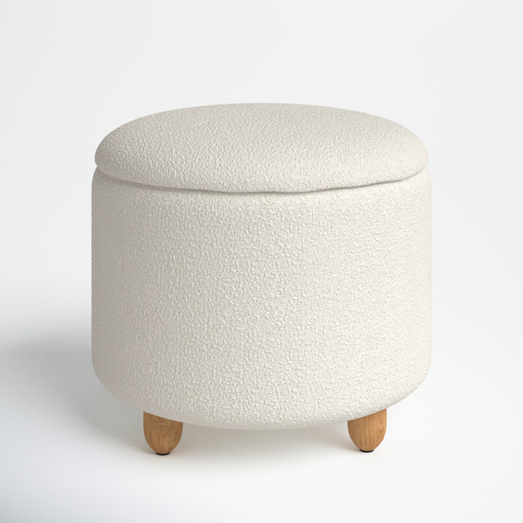 Ivory Boucle Round Upholstered Storage Ottoman with Wood Legs