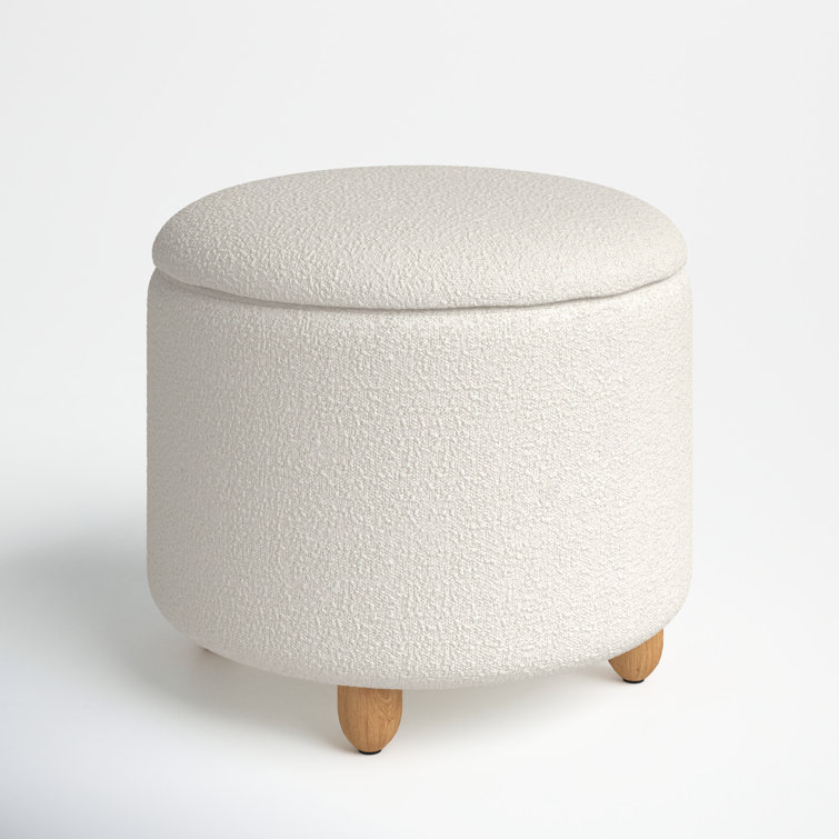 Ivory Boucle Round Upholstered Storage Ottoman with Wood Legs