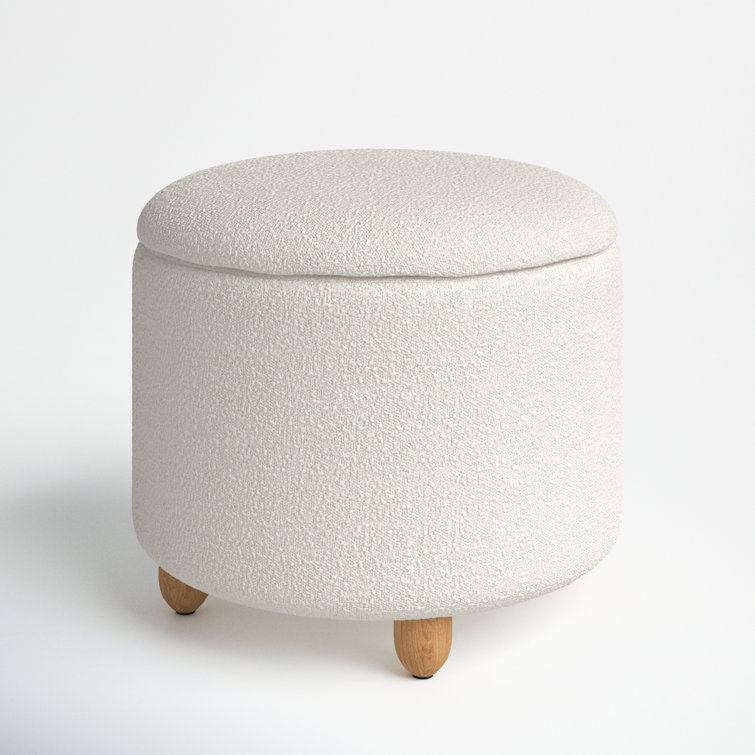 Ivory Boucle Round Upholstered Storage Ottoman with Wood Legs