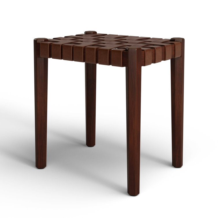 Ken Dark Brown Acacia Wood and Leather Accent Stool