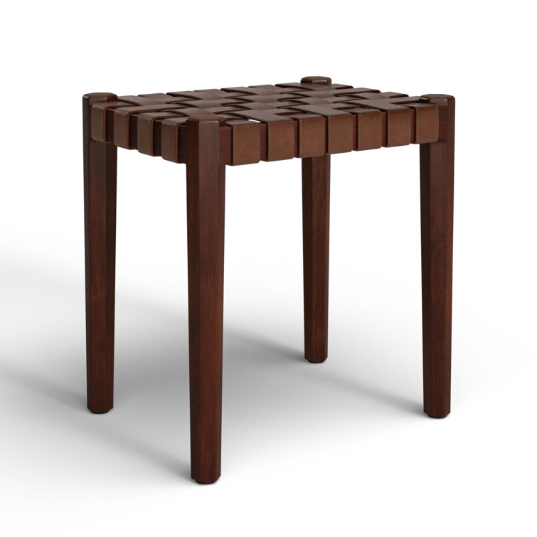 Ken Dark Brown Acacia Wood and Leather Accent Stool
