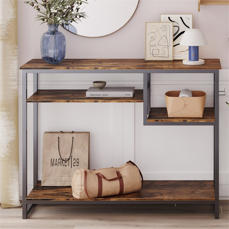 Rustic Brown Metal Console Table with 4-Tier Storage Shelves