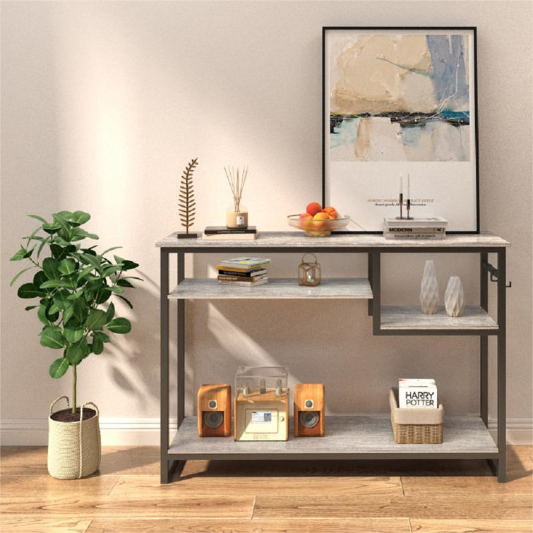 Gray Wood and Metal Console Table with Storage Shelves