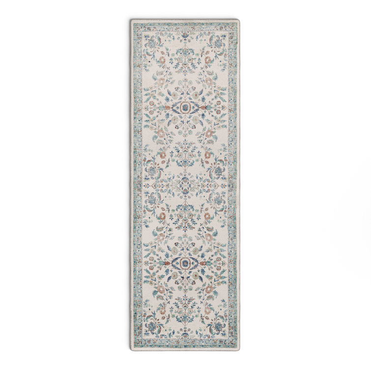 Blue and Cream Floral Synthetic Runner Rug