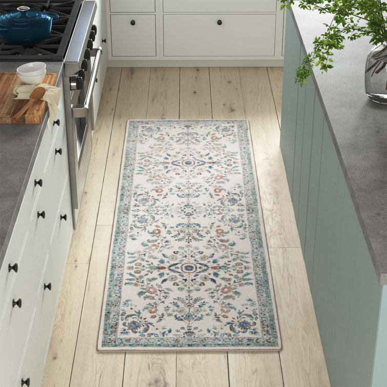 Blue and Cream Floral Synthetic Runner Rug