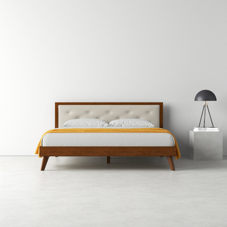 Mid-Century Modern Oatmeal King Bed with Tufted Upholstery