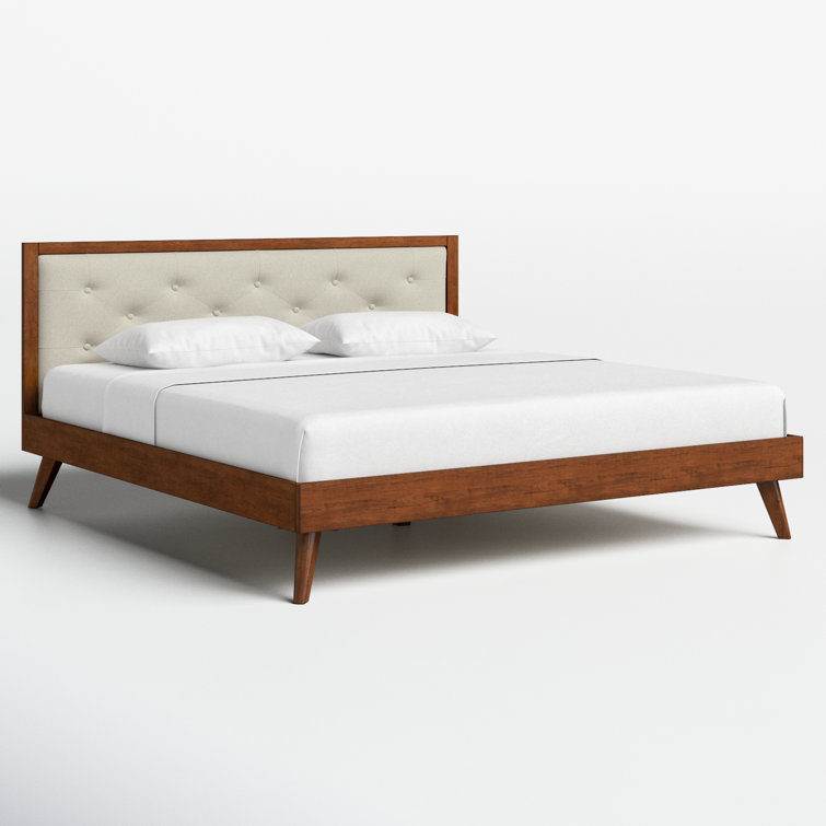 Mid-Century Modern Oatmeal King Bed with Tufted Upholstery