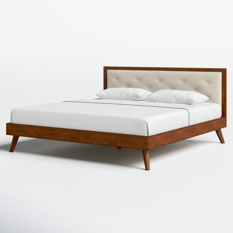 Mid-Century Modern Oatmeal King Bed with Tufted Upholstery