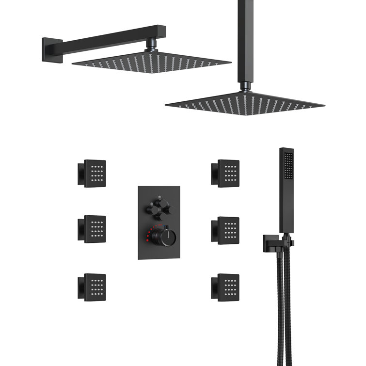 Matte Black Dual Shower Head System with Body Jets and Hand Shower