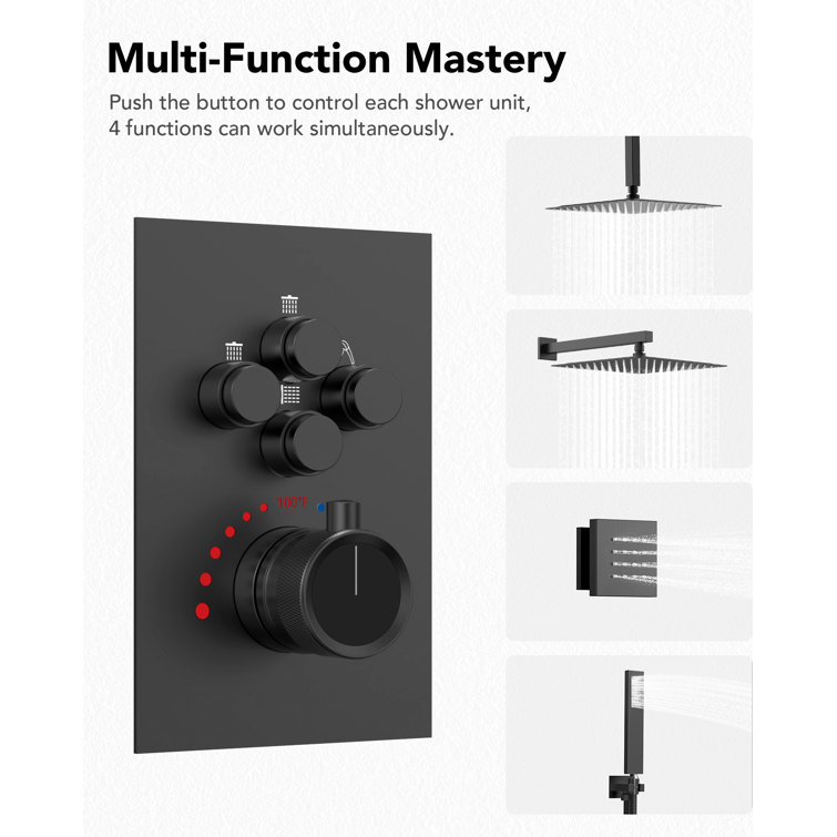 Matte Black Dual Shower Head System with Body Jets and Hand Shower