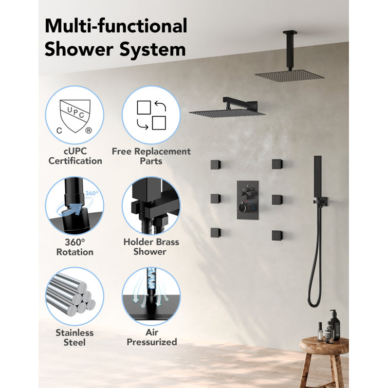 Matte Black Dual Shower Head System with Body Jets and Hand Shower