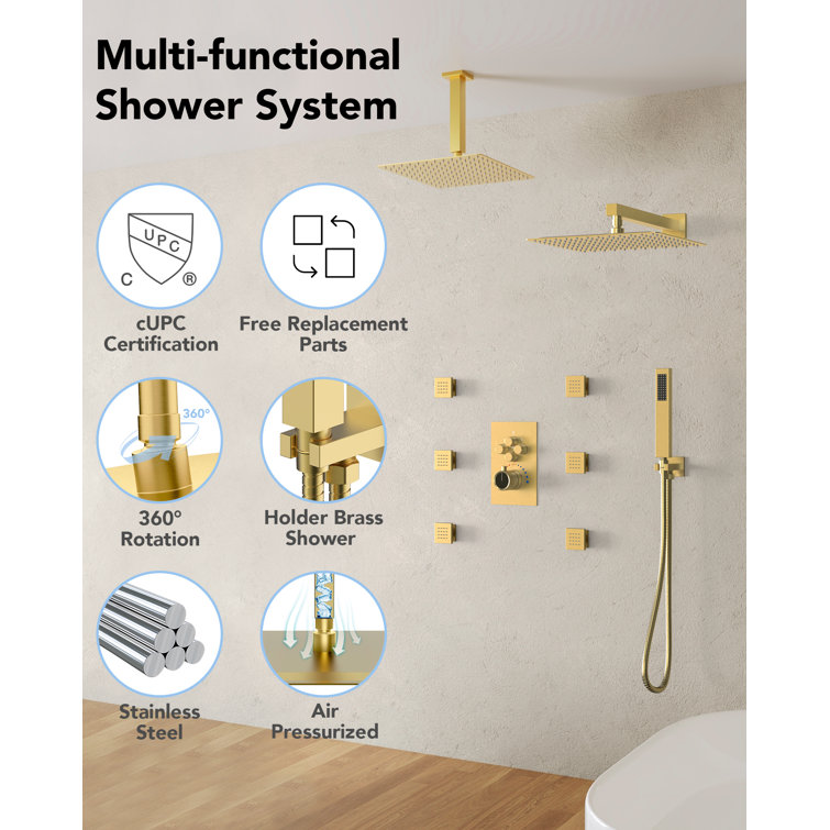 DualJetSpa 12" Gold Dual Shower Head with Body Jets