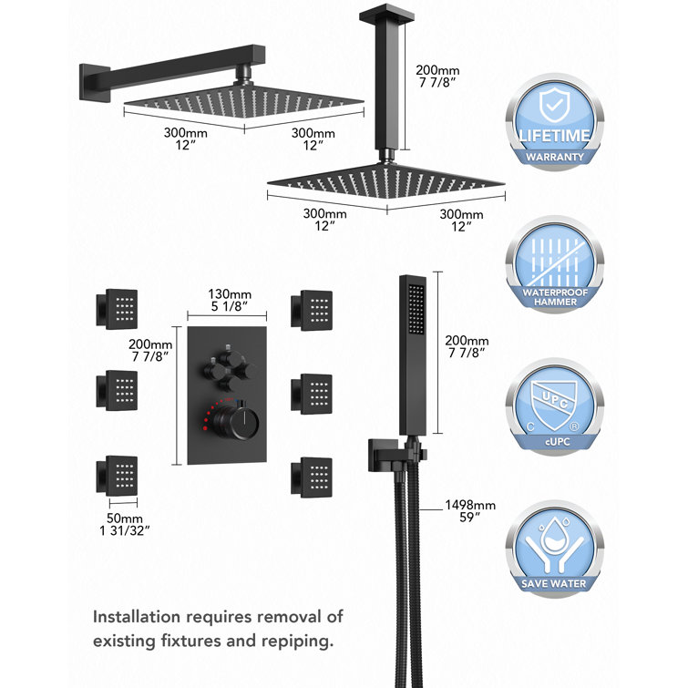 Matte Black Dual Shower Head System with Body Jets and Hand Shower